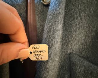Item #120 Woolen Going-Away Suit Worn for Honeymoon of Owner's Mother, Minor Holes on Skirt, Size Two (Small, 1953)