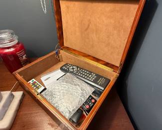 Item #25 Wooden Box, Bone(?) Inlay, Weaponry Crest, Slightly Scuffed, H4" L12" D8.75"