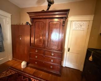 Item #122 1900 Mahogany English Linen Press - Two Pieces + Removable Crown - Slider Shelves, No Key, Great Condition, 85" 81" 22"
