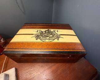 Item #25 Wooden Box, Bone(?) Inlay, Weaponry Crest, Slightly Scuffed, H4" L12" D8.75"