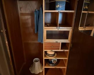Item #118 1920 Oaken Gentleman's Wardrobe, Labeled Compartments w/ Key, Aged Great Condition, 69" 42" 18"
