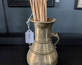 Item #20 Chinese Brass Patterned Vase Good Condition, Aged H7.75" W3"