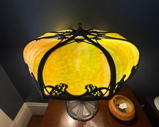Item #38 1920s Slag Glass Lamp with Metal Base, Aged, Good, H19" W15.5"