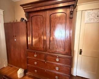 Item #122 1900 Mahogany English Linen Press - Two Pieces + Removable Crown - Slider Shelves, No Key, Great Condition, 85" 81" 22"