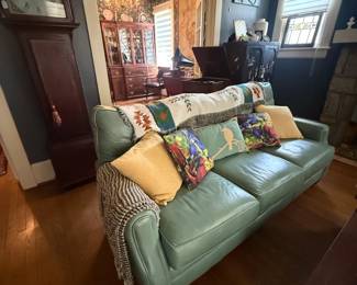 Item #3 Blue Leather Couch, Great Condition, Minor Scratches,H36" L78" D33"
