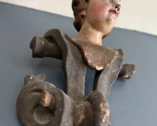 Item #59 Wooden Angel Carving , Very Aged, 14.5" 10"