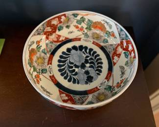 Item #47 Blue/White/Red/Green Imari Floral Bowl, Good, 3" 4.75"