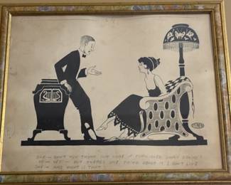 Item #149 Pen&Ink, 'Man Courting Woman with Gramophone'