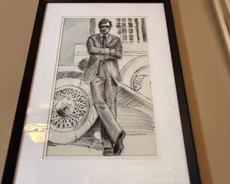 Item #138 Print of Pen&Ink Gentleman w/ Car, Good Condition, 23" 17"