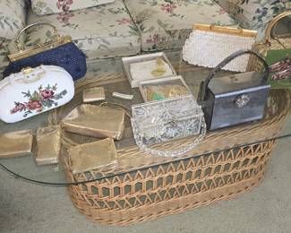 VINTAGE PURSES INCLUDE LUCITE, WHITING DAVIS, ETC.