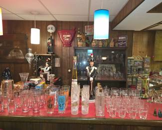VINTAGE BAR GLASS SETS. GALIANO BOTTLES, ETC.