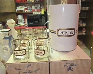 MID CENTURY "NAME YOUR POISON" ICE BUCKET & GLASSES