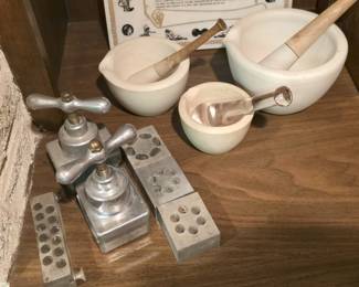 ANTIQUE SUPPOSITORY MOLDS & MORTARS w/PESTELS
