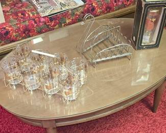 M.C.M. ALCHEMY BAR GLASS SET. SWAN FLATWARE CADDY. JEANETTE GLASS COCKTAIL SHAKER
