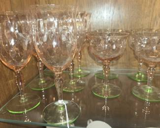 WESTON WATERMELON PINK & GREEN ETCHED STEMWARE
