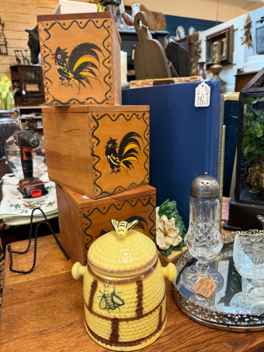 Vintage boxes, honey bee cookie jar, crystal glasses, vintage vanity tray.