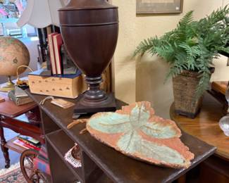 pottery leaf tray, old books, art