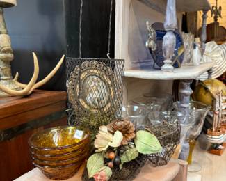 glassware, florals, antlers, wire basket, candlesticks