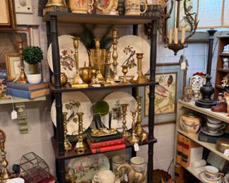 brass candlesticks, dishes, painted furniture, teacups and saucers, bird art