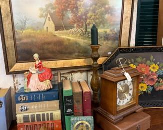 Framed art, books, clocks, statuary, toile tray, clock, vintage jade grapes