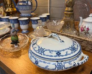 blue and white soup tureen, tea pot and cups, brass candlesticks, glassware 