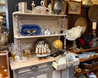 Beautiful  hutch, platters, vintage sifter