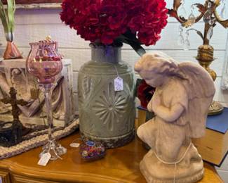 garden cement statuary, desk, floral stems, pottery pieces