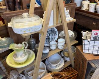 ladder shelf, vintage casserole dishes