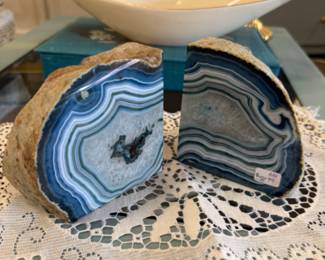 gorgeous blue agate quartz geode book ends