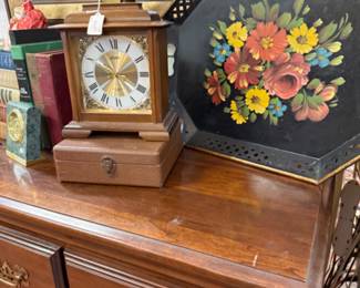 toleware tray, antique clocks, dresser, 