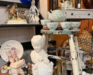 cement garden art, stools, tea pot and matching cups, statuary