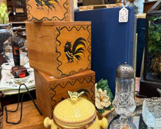 Vintage boxes, honey bee cookie jar, crystal glasses, vintage vanity tray.