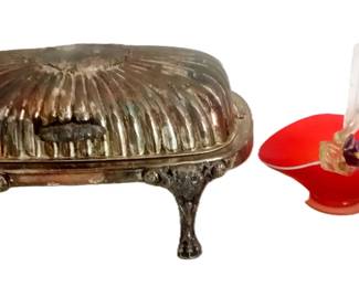 SILVER PLATED ROLLING DOME BUTTER DISH, MINI ITALIAN GLASS BASKET