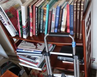 books, shelf, two wheel cart