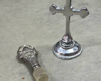 Silver Plated Cross on Stand - Asking $49 & Antique Silver and Glass Perfume Bottle Stopper - Asking $49 