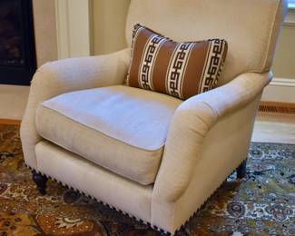 Pair of roll back nailhead trimmed club chairs with one matching ottoman by A. Rudin