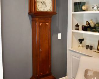Grandfather clock with inlaid mahogany case and painted face by Bartley & Eggert.