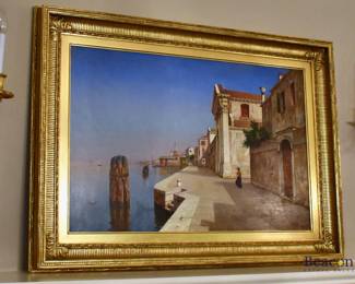 Venetian harbor scene oil painting on board. Signed A. Bolpini.