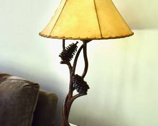 Bronze pine cone lamp with parchment shade