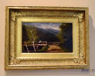 Small oil painting of boy fishing from bridge in front of Mt Washington.