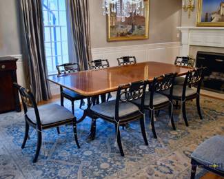 Baker Furniture banded mahogany double pedestal dining table with three leaves