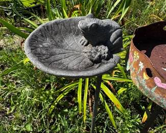 Various bird baths and feeders