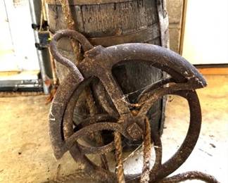 Wooden well bucket and pulley