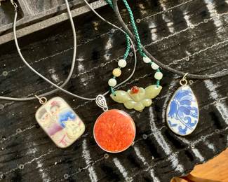 Coral, jade, Asian pendants