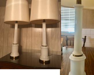 Pair of MCM White Opaline Milk Glass Column Style Table Lamps 