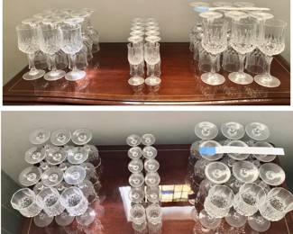 36 Pieces of Longchamp by Cristal D Arques – Durand Glasses (12 Water Goblets 7 ¼ Hgt. $50, 12 Wine Glasses 6 ½ Hgt. $50, 12 Cordial Glasses 4 5/8 Hgt.$35) OR ALL 36 Pieces $80