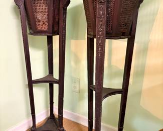 Antique 1920s Gustavian walnut & cane highly carved paw foot fern stand pair