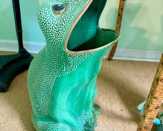 Vintage Gumps ceramic frog umbrella, cane stand