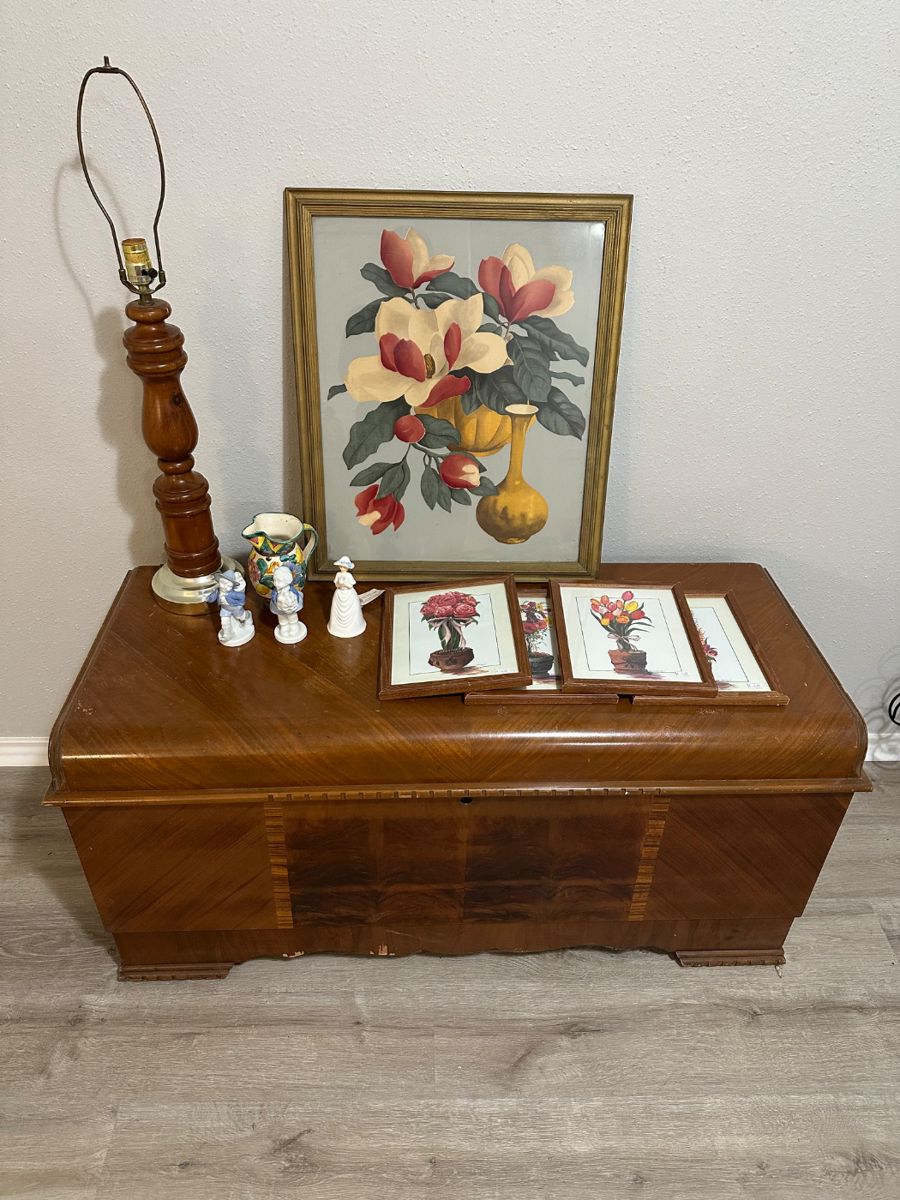 Lane cedar chest, MCM wood spun lamp, vintage artwork