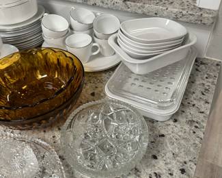 Amber glass bowls, lead crystal, Corningware